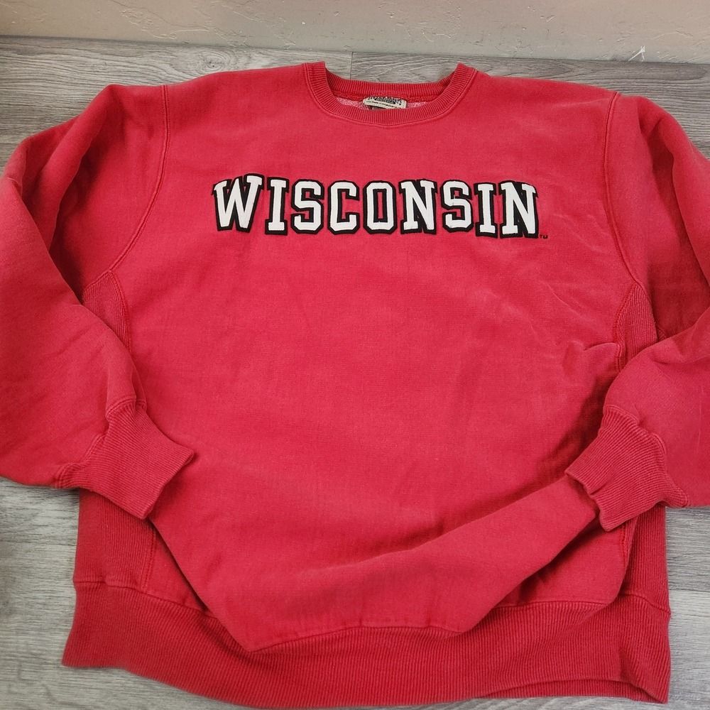 Vintage Steve & Barrys Red Wisconsin Sweatshirt Size L Thick Chunky Faded Badger